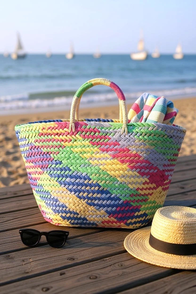 Color Weaved Faux Straw Tote – Large Boho Basket Beach Market Bag - NeoKira Unlimited