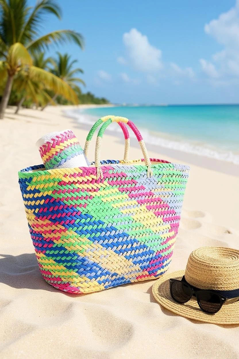 Color Weaved Faux Straw Tote – Large Boho Basket Beach Market Bag - NeoKira Unlimited