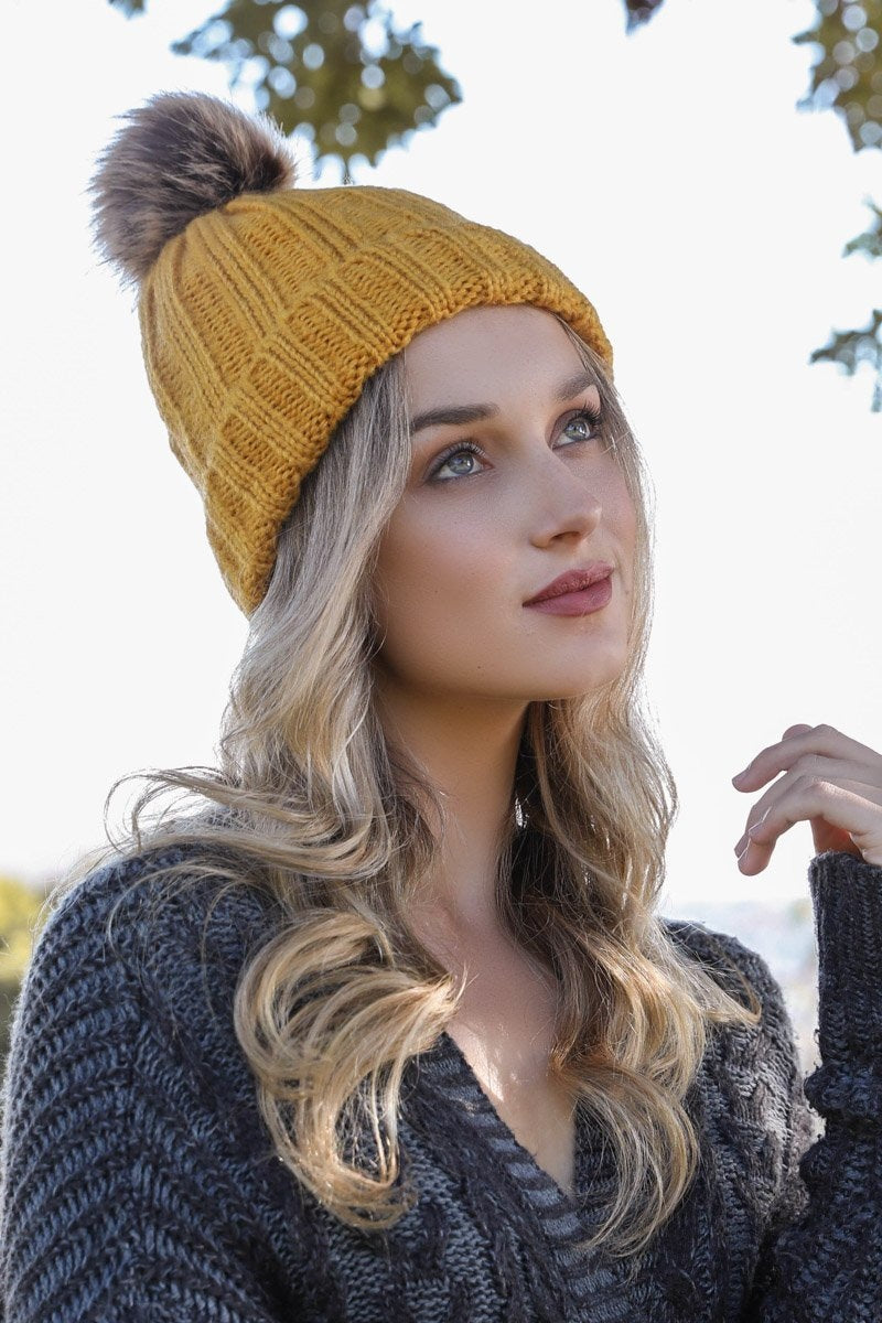 Basic Ribbed Pom Beanie Beanies Leto Collection Mustard  