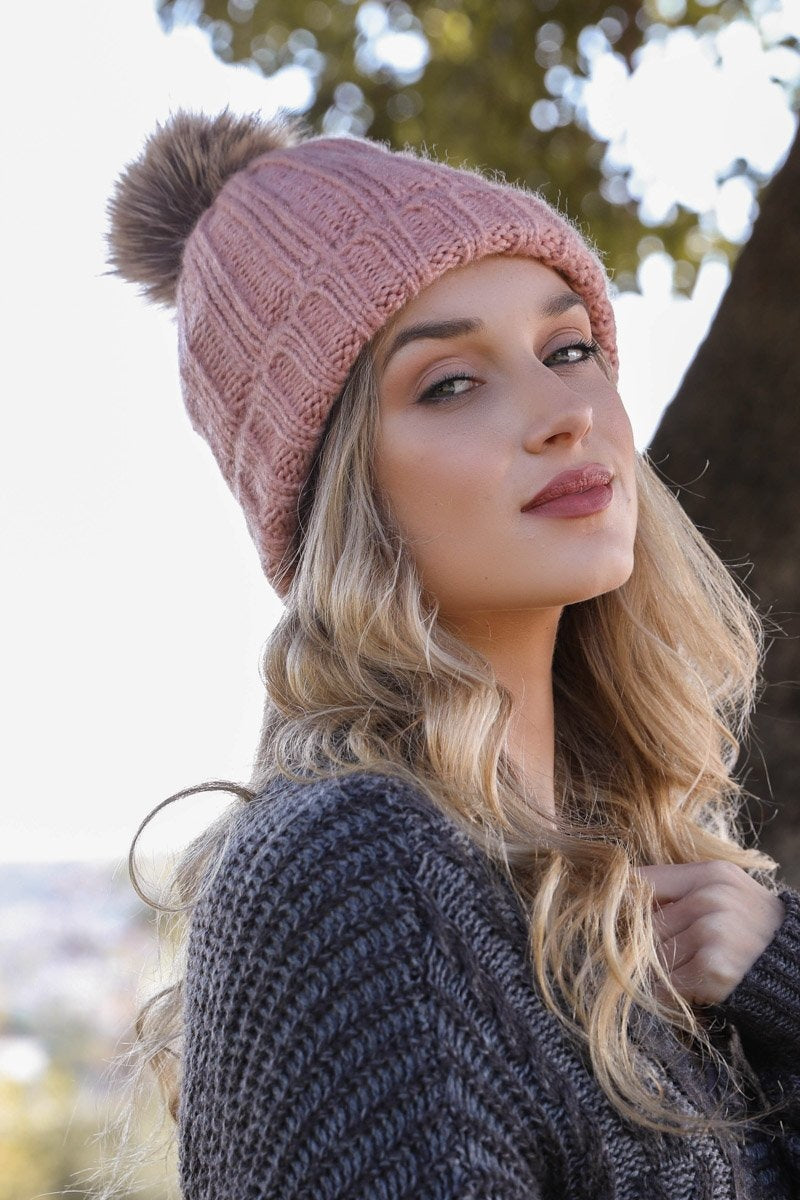 Basic Ribbed Pom Beanie Beanies Leto Collection Rose  