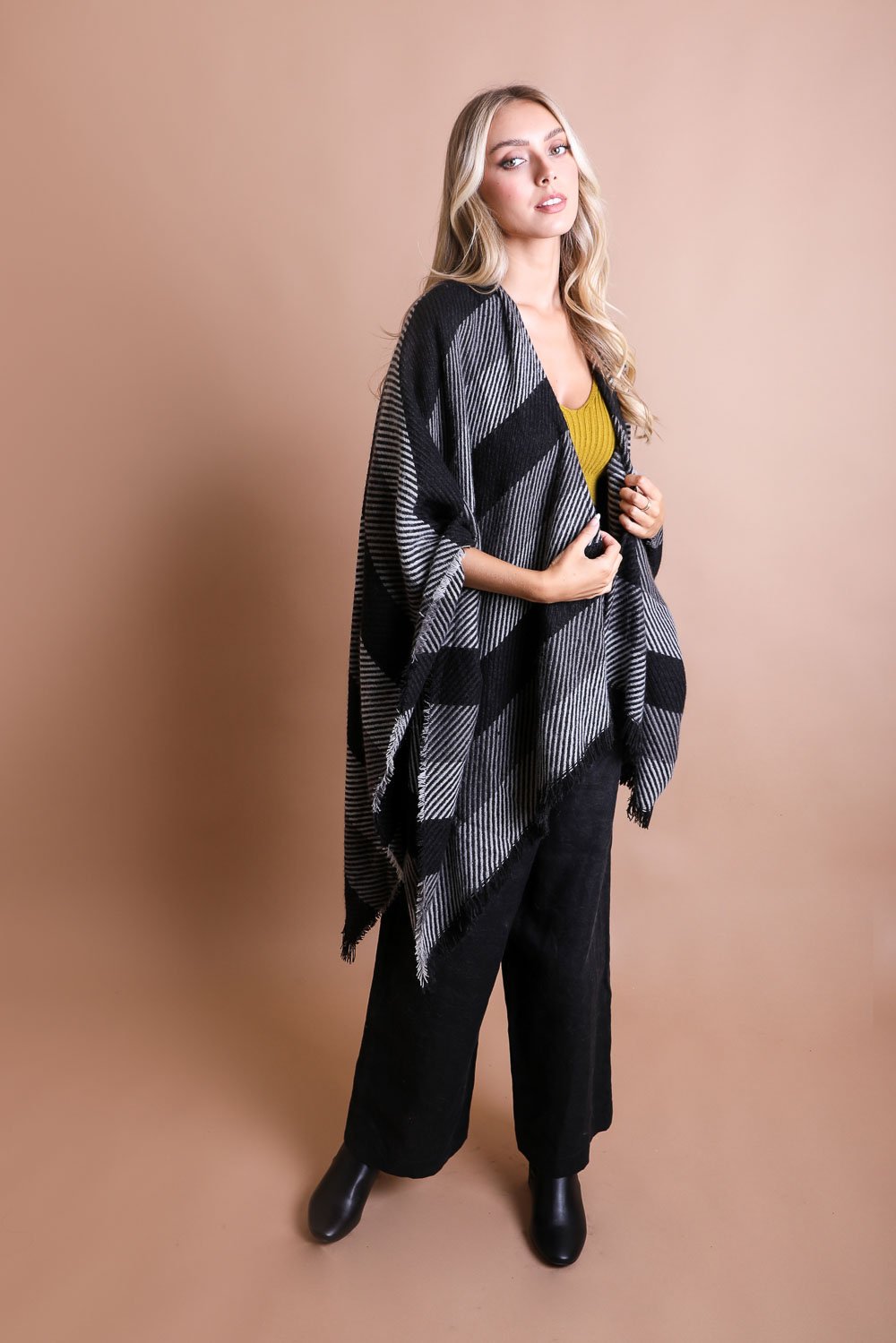 Striped Woven Ruana Ponchos Leto Collection Charcoal  