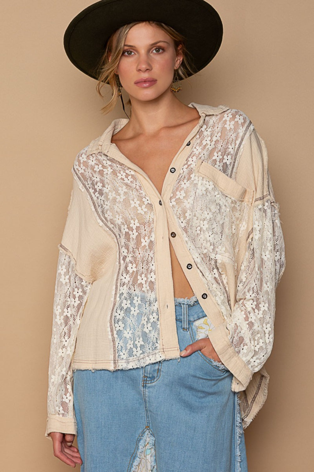 POL Oversize Lace Button-Down Shirt Shirt Trendsi Sand S 