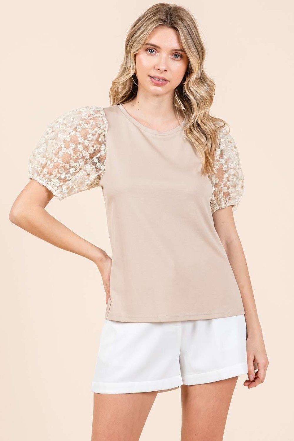 Mittoshop Round Neck Puff Short Sleeve Top  Trendsi Taupe S 