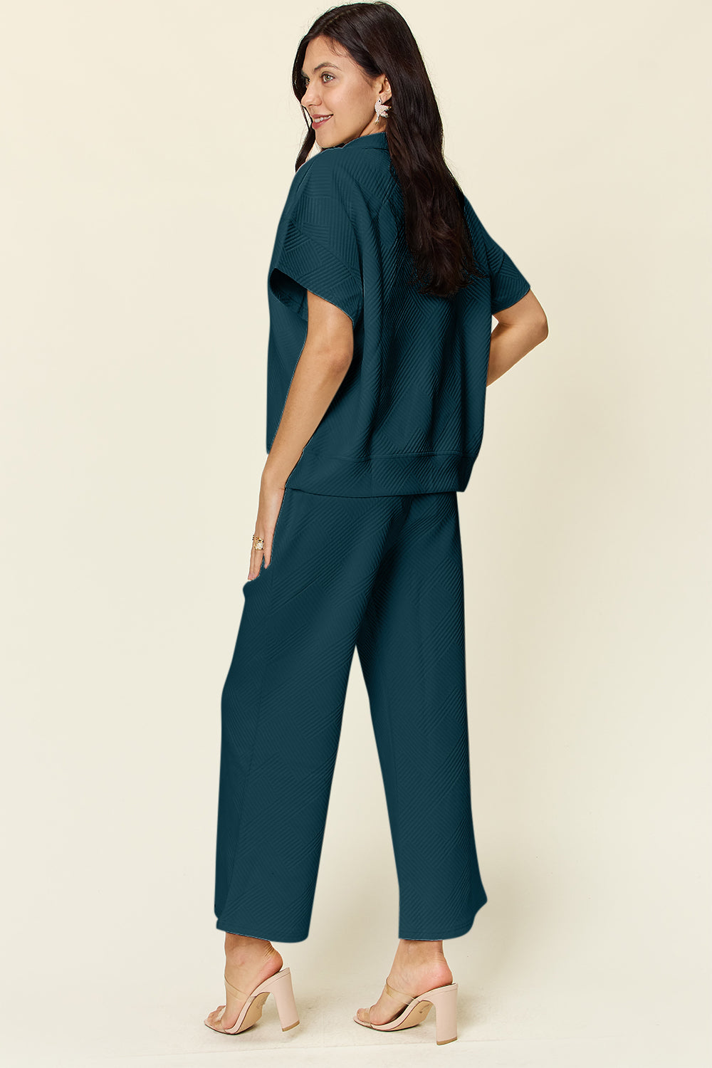 Double Take Full Size Texture Half Zip Short Sleeve Top and Pants Set - NeoKira Unlimited