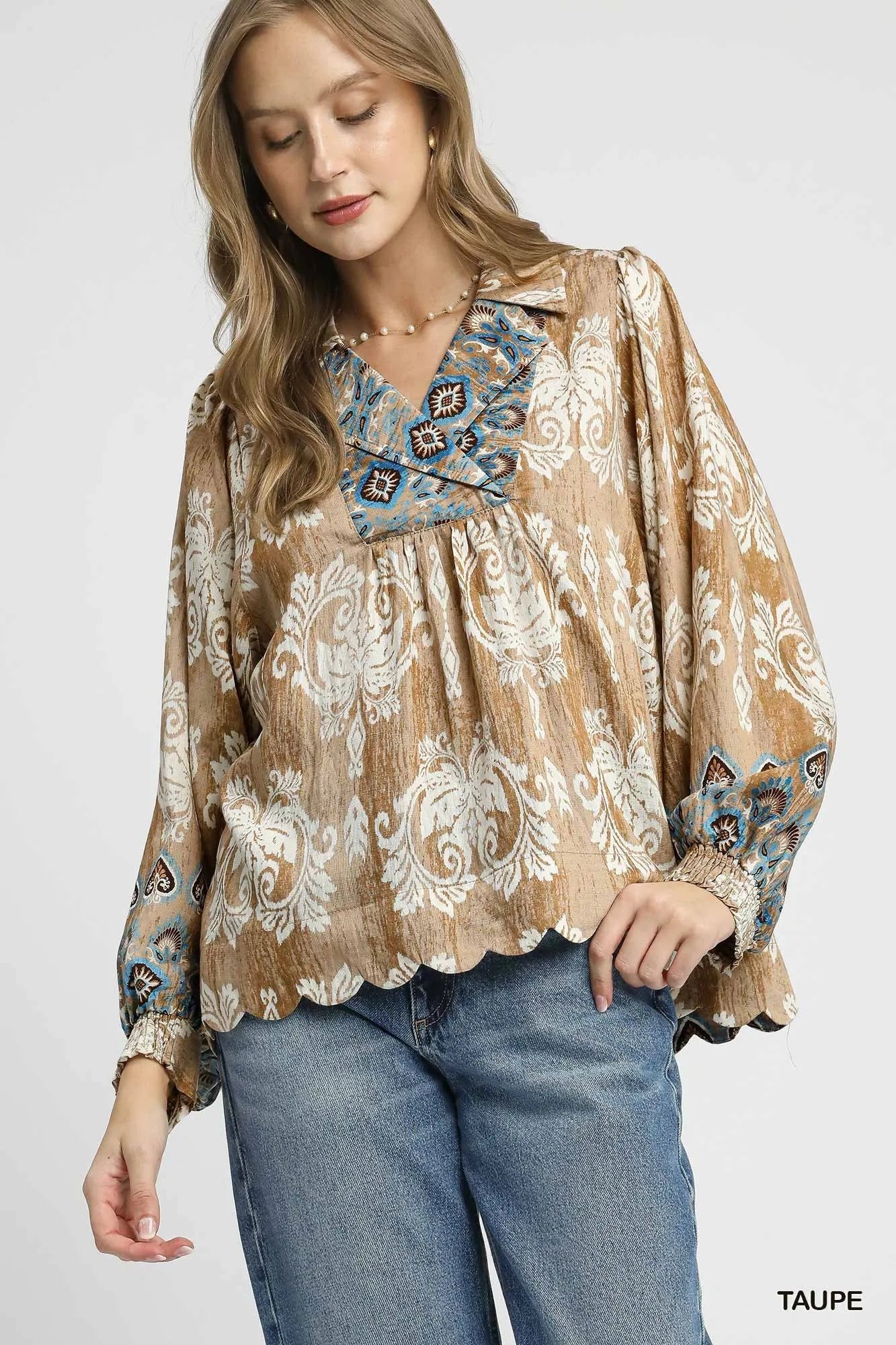 Umgee Boho Floral Blouse Lightweight Scalloped Hem Top - NeoKira Unlimited