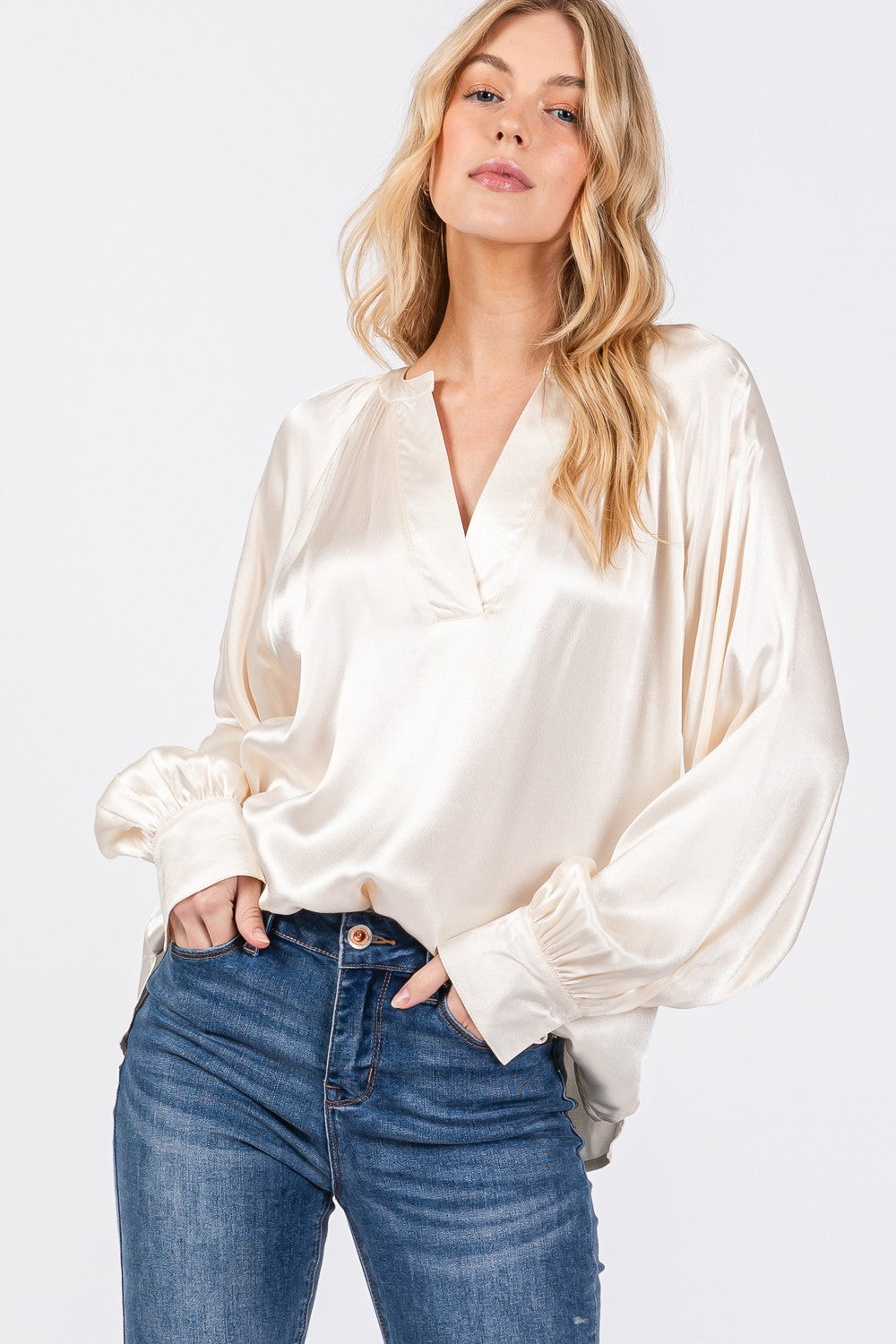 SAGE + FIG Notched Long Sleeve Blouse Blouse Trendsi   