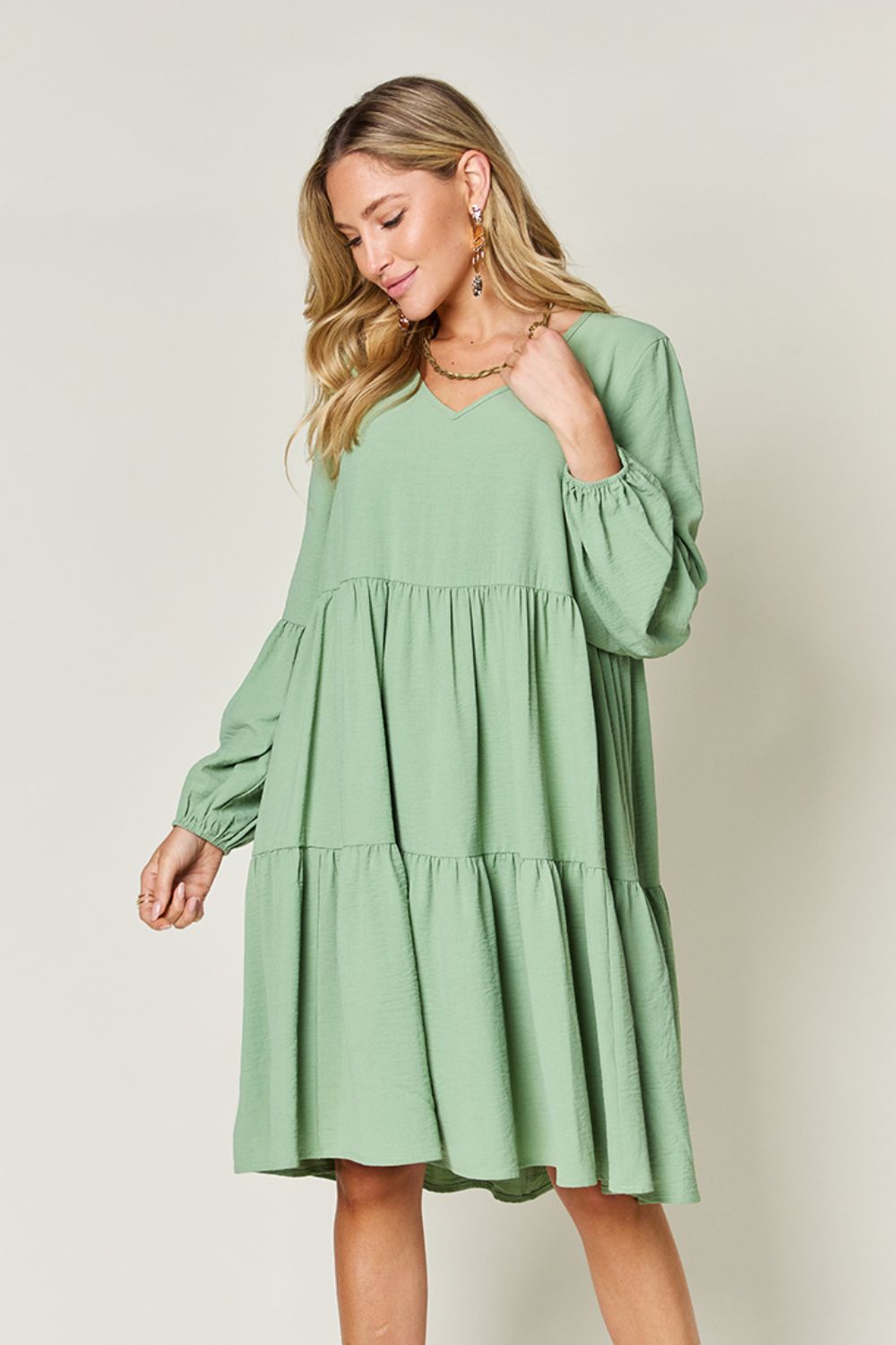 Double Take Full Size V-Neck Balloon Sleeve Tiered Dress Mini Dress Trendsi Light Green S 