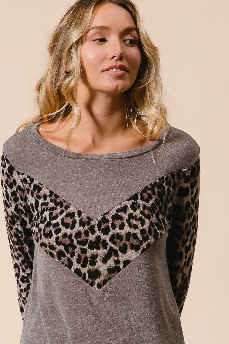 BiBi Sweater Knit Top With Leopard V Shape Block - NeoKira Unlimited