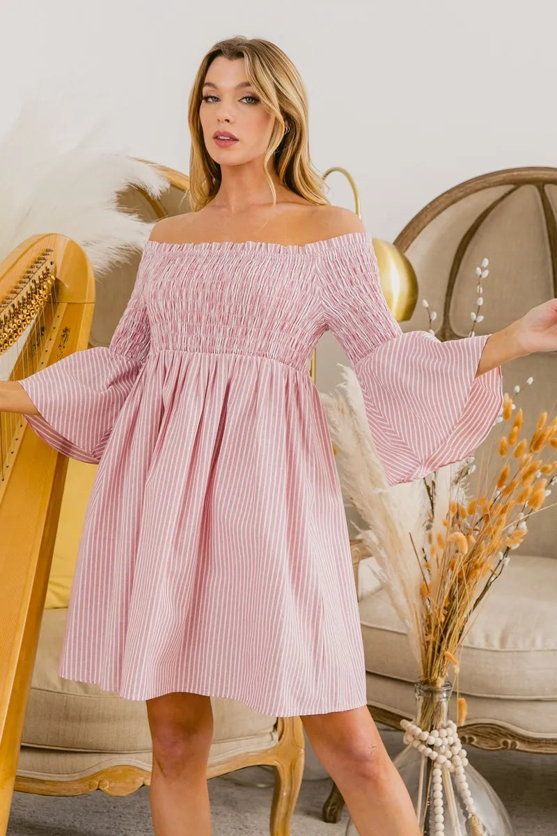BiBi Smocked Off Shoulder Striped Dress - NeoKira Unlimited