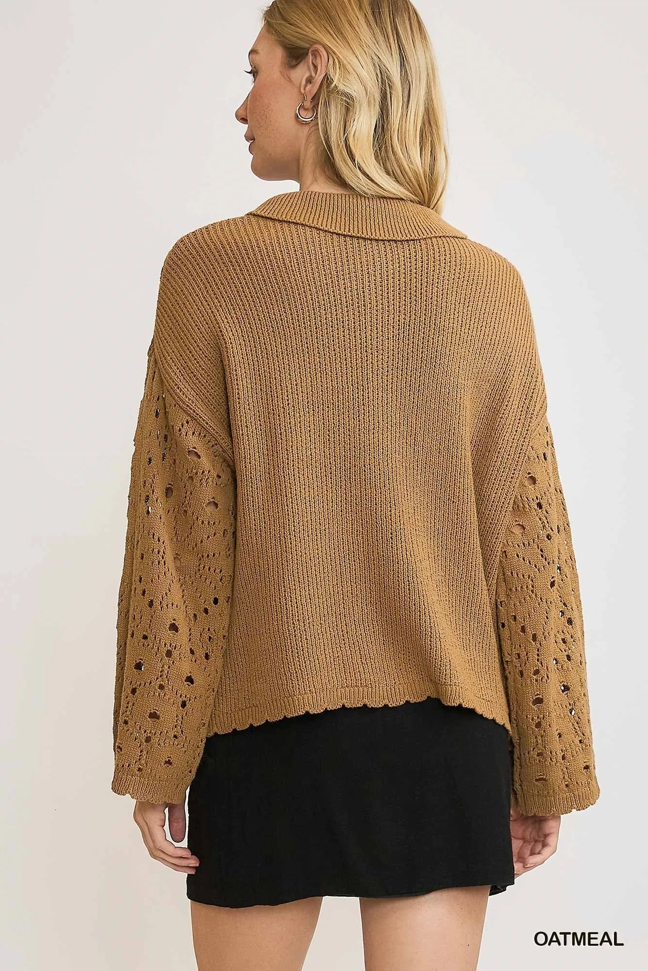 Umgee Crochet Button Down Knit Cardigan – Oatmeal Openwork Layering Piece - NeoKira Unlimited