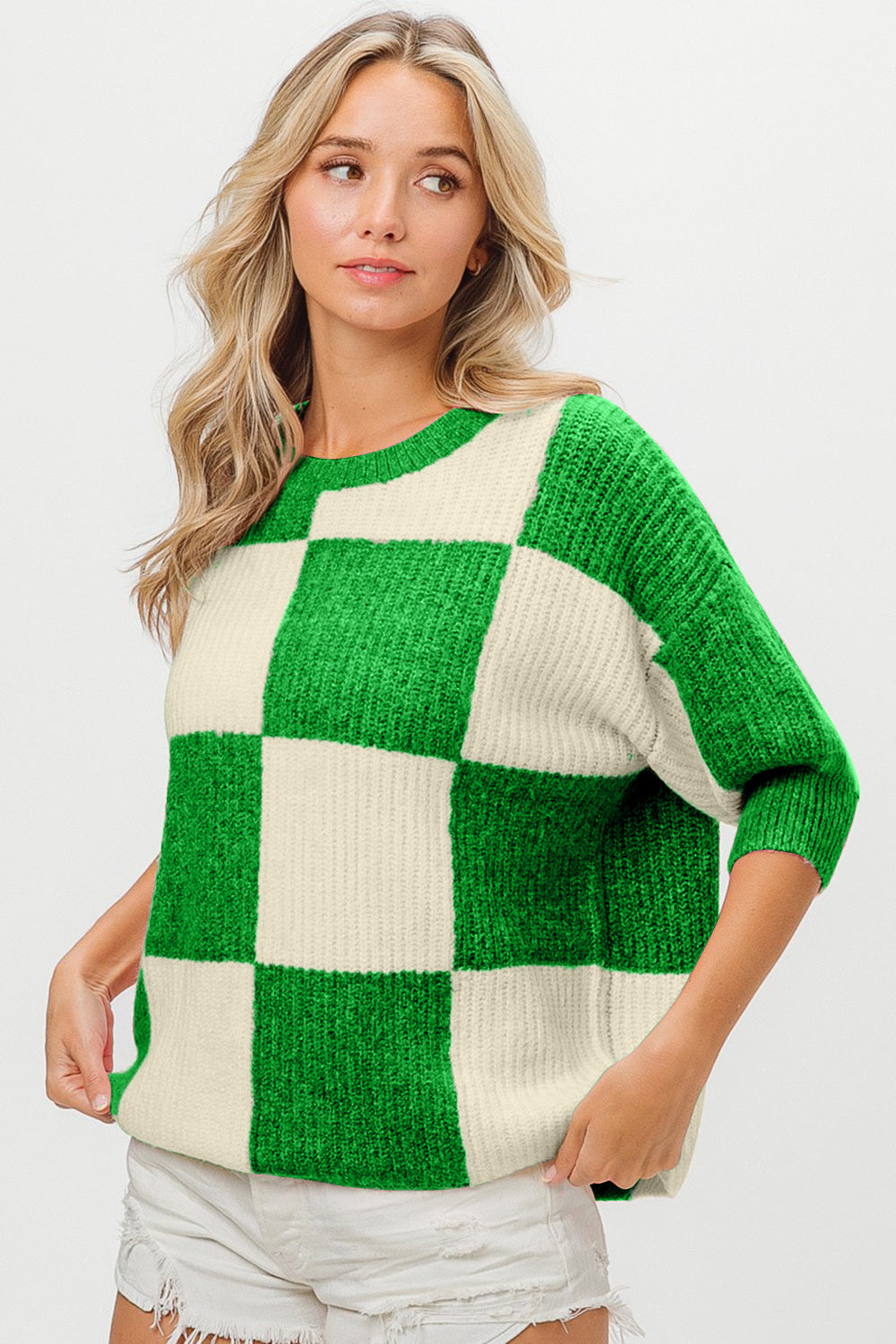 BiBi Checkered Contrast Round Neck Sweater Sweater Trendsi   