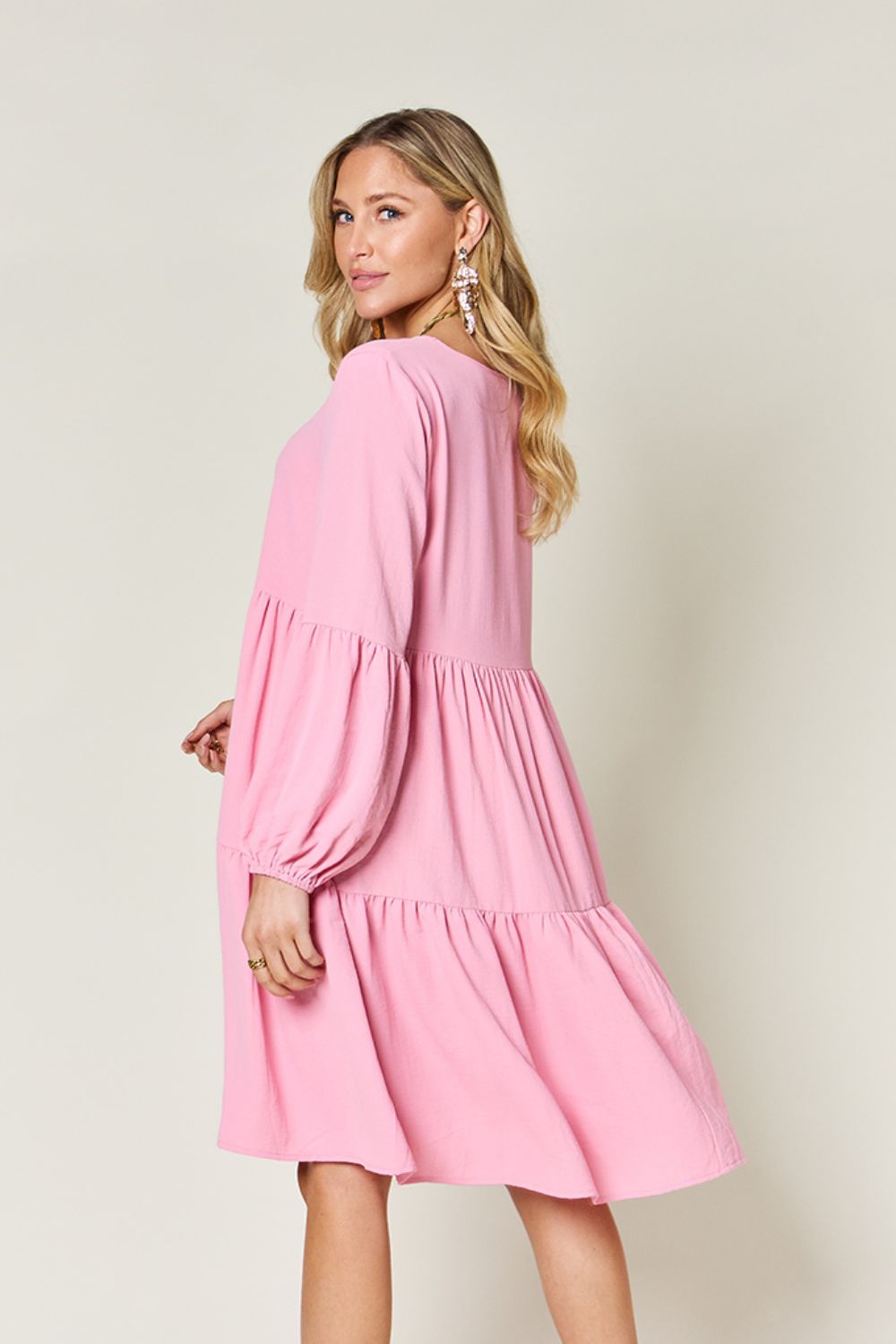 Double Take Full Size V-Neck Balloon Sleeve Tiered Dress - NeoKira Unlimited
