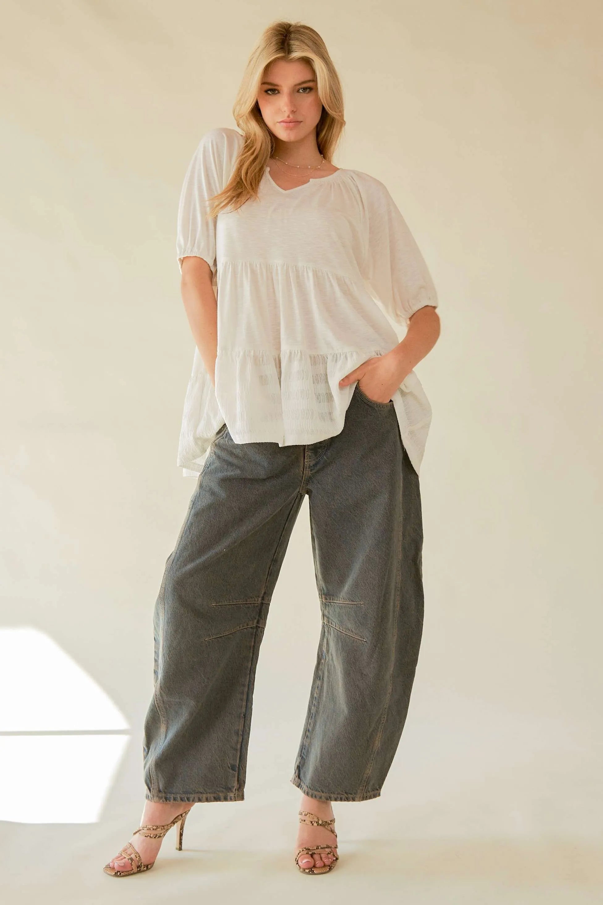 Davi & Dani Ruffled Flared Short Sleeve V Neck Blouse - NeoKira Unlimited