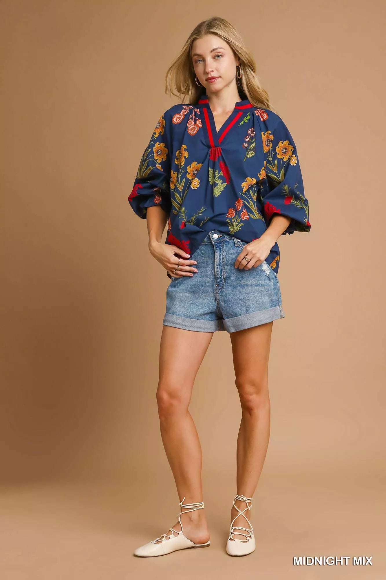Umgee Floral Print Flounce Sleeve Blouse Boho Chic - NeoKira Unlimited