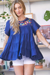 Solid Flared Short Sleeve Top  Davi & Dani Navy S 