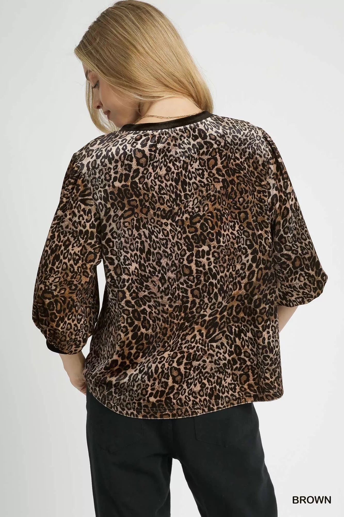 Umgee Leopard Round Neck Three-Quarter Sleeve Blouse Boho Chic - NeoKira Unlimited