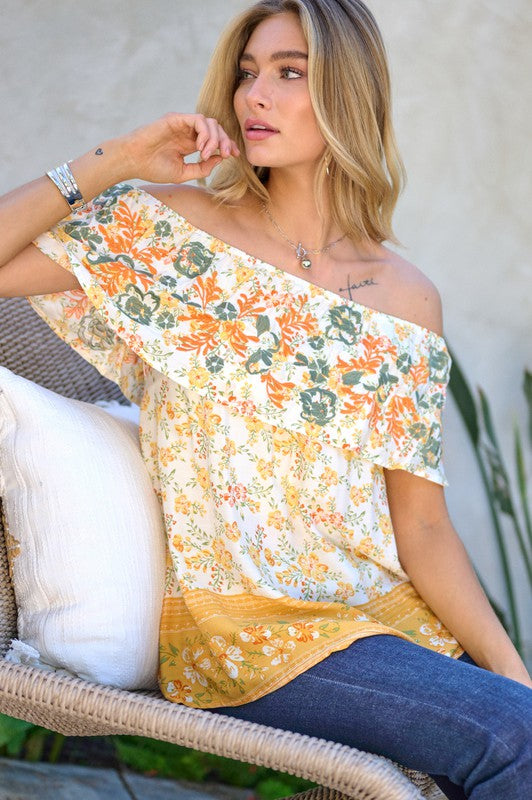 Printed Off Shoulder Smocked Top  Davi & Dani Yellow S 