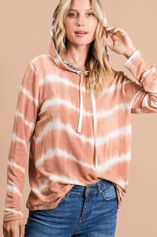 BiBi Tie Dye Stripe Terry Drawstring Hoodie With Leopard - NeoKira Unlimited