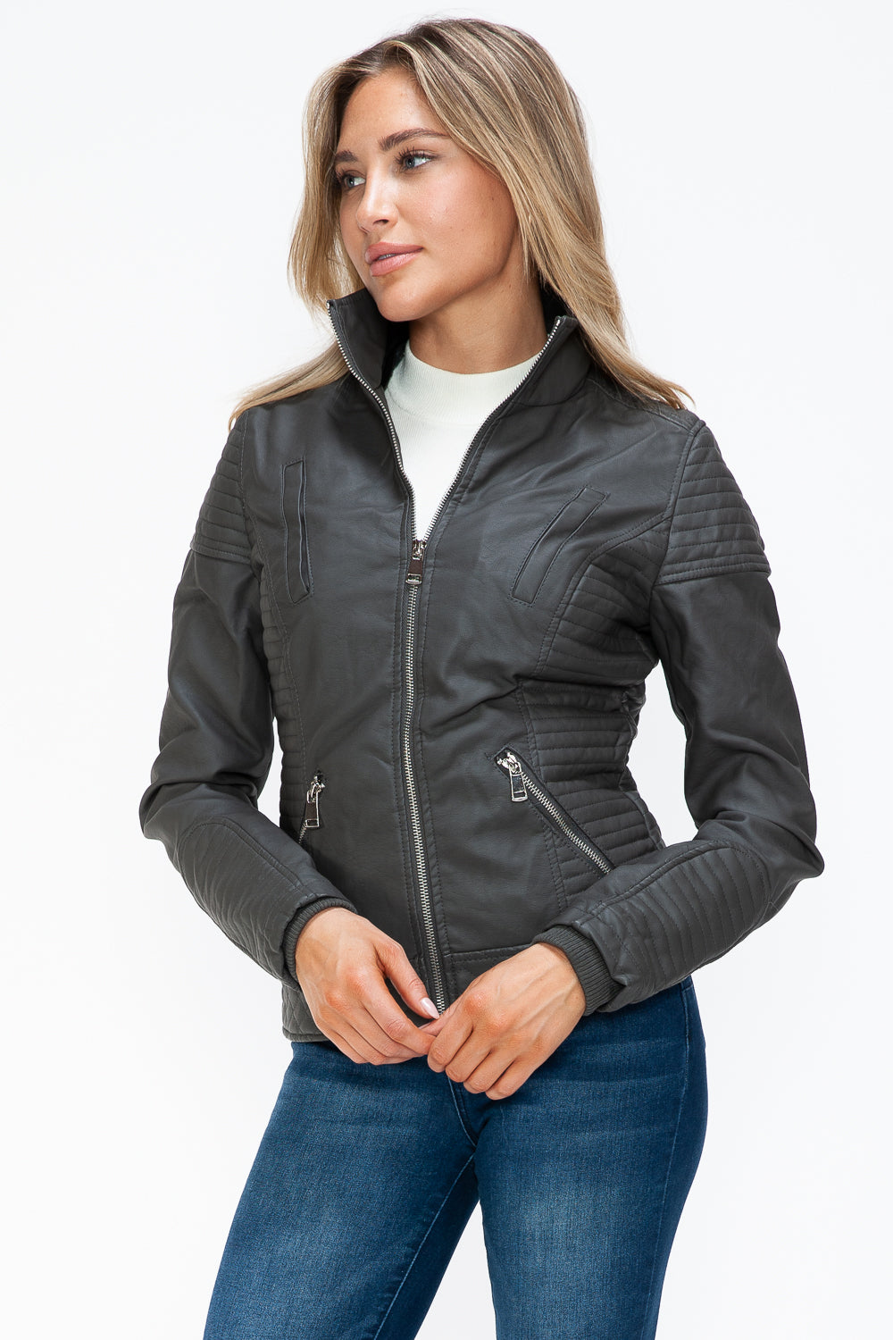 YMI Faux Layered Double-Zipper Jacket with Fuzzy Hood - NeoKira Unlimited