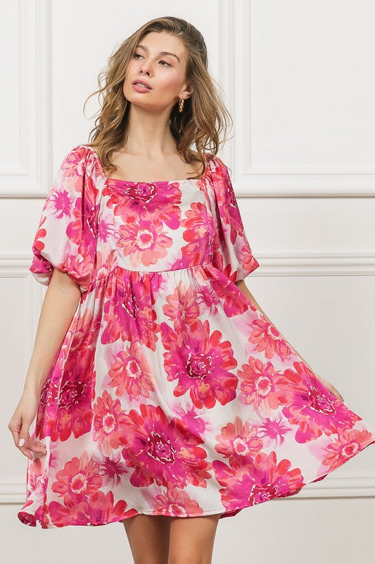 BiBi Floral Square Neck Puff Sleeve Mini Dress - NeoKira Unlimited