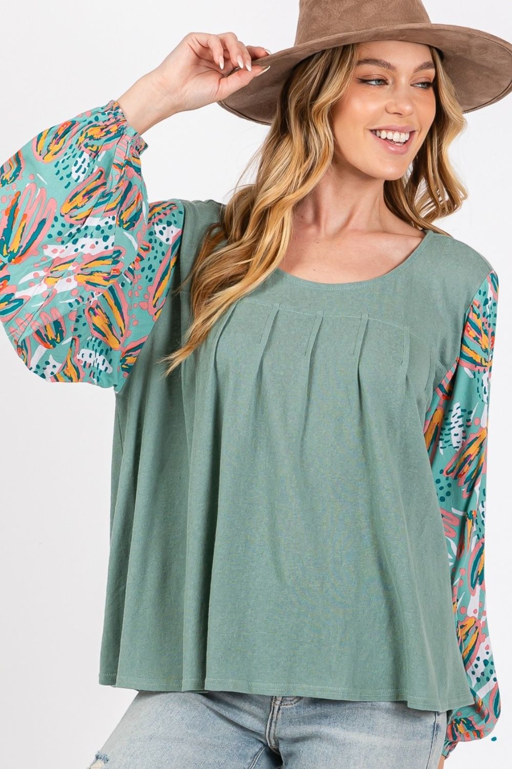 SAGE + FIG Ruched Round Neck Printed Bubble Sleeve Top Top Trendsi Sage S 