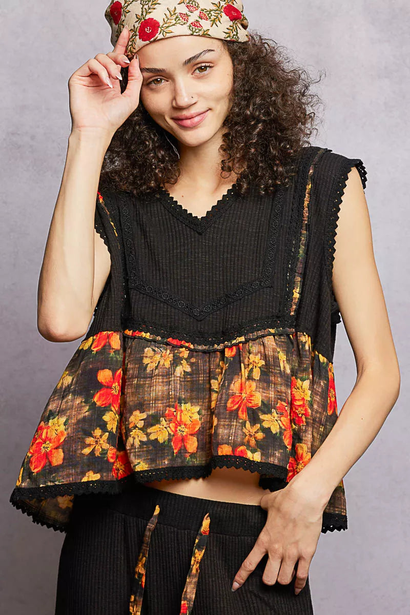 POL Lace Detail Floral Cropped Ruffled Top Boho Chic - NeoKira Unlimited
