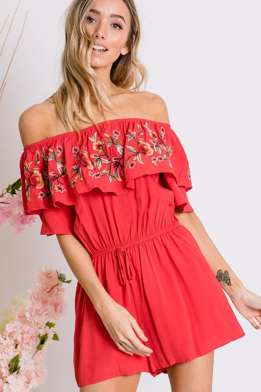 Floral Embroidered Off Shoulder Romper  Davi & Dani Coral Red S 