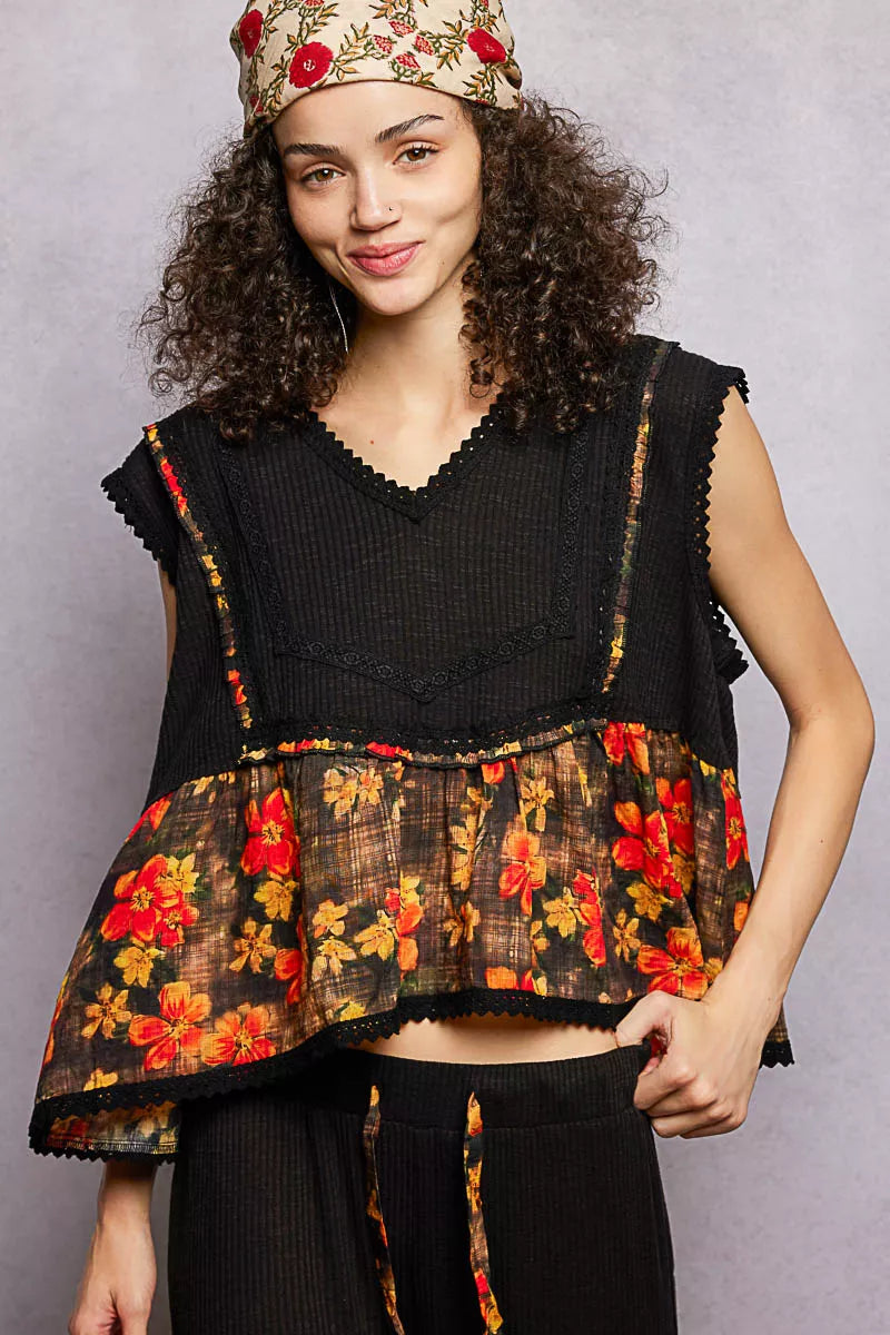 POL Lace Detail Floral Cropped Ruffled Top Boho Chic - NeoKira Unlimited