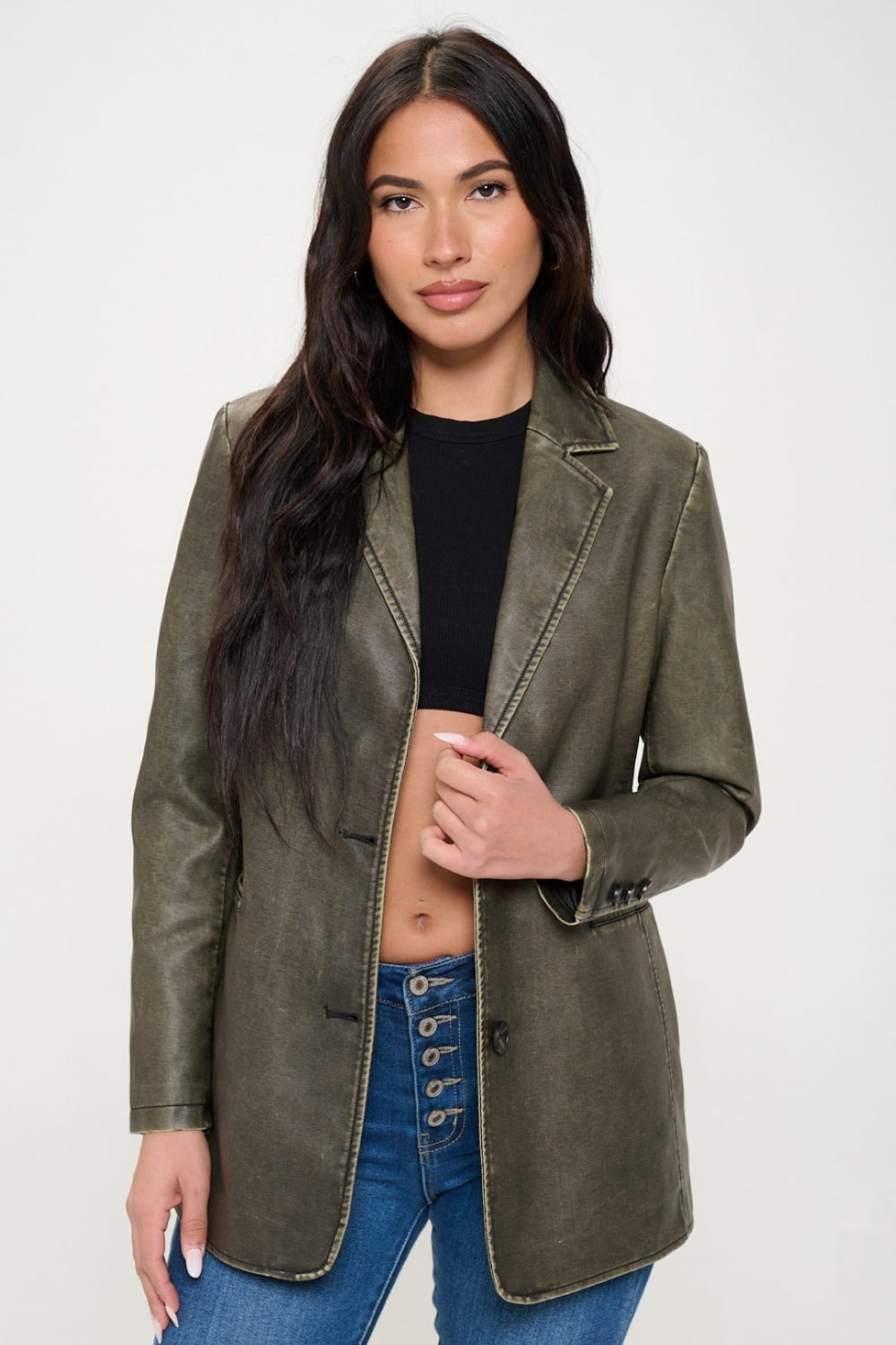 Coalition LA Single-Breasted Vegan Leather Blazer Blazer Trendsi Olive Brown S 