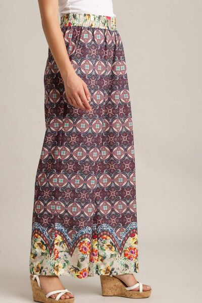 Umgee Full Size Mixed Print Elastic Waistband Pants Plus Size - NeoKira Unlimited