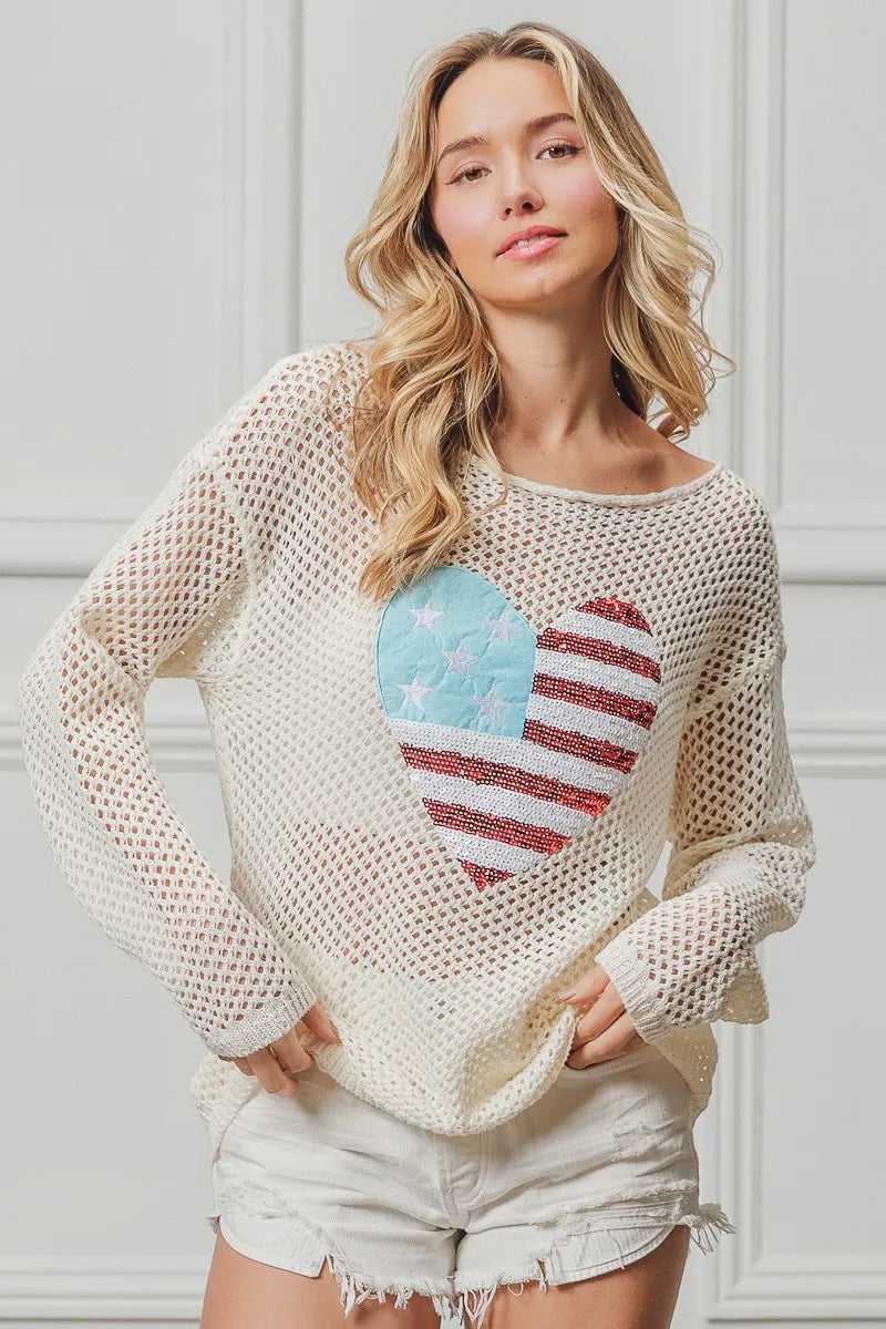 BiBi Sequin American Flag Heart Knit Up - NeoKira Unlimited