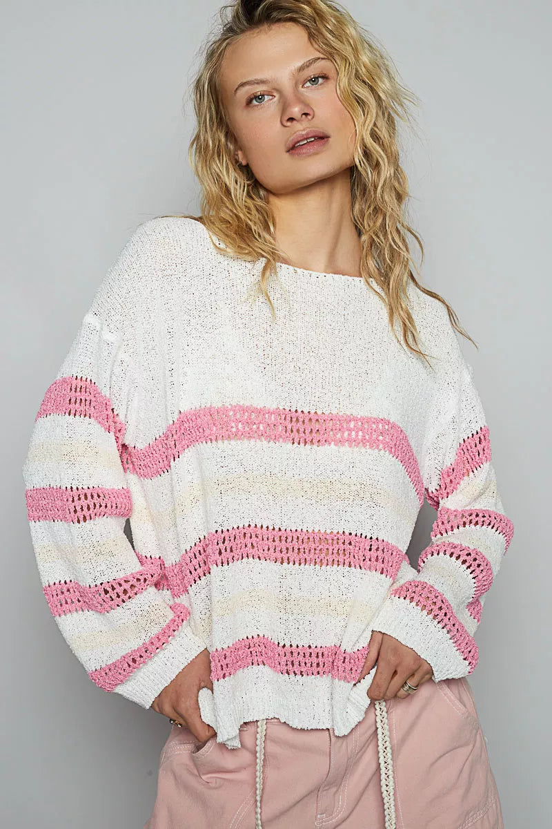 POL Striped Openwork Round Neck Knit Top Casual Chic Sheer Pullover - NeoKira Unlimited
