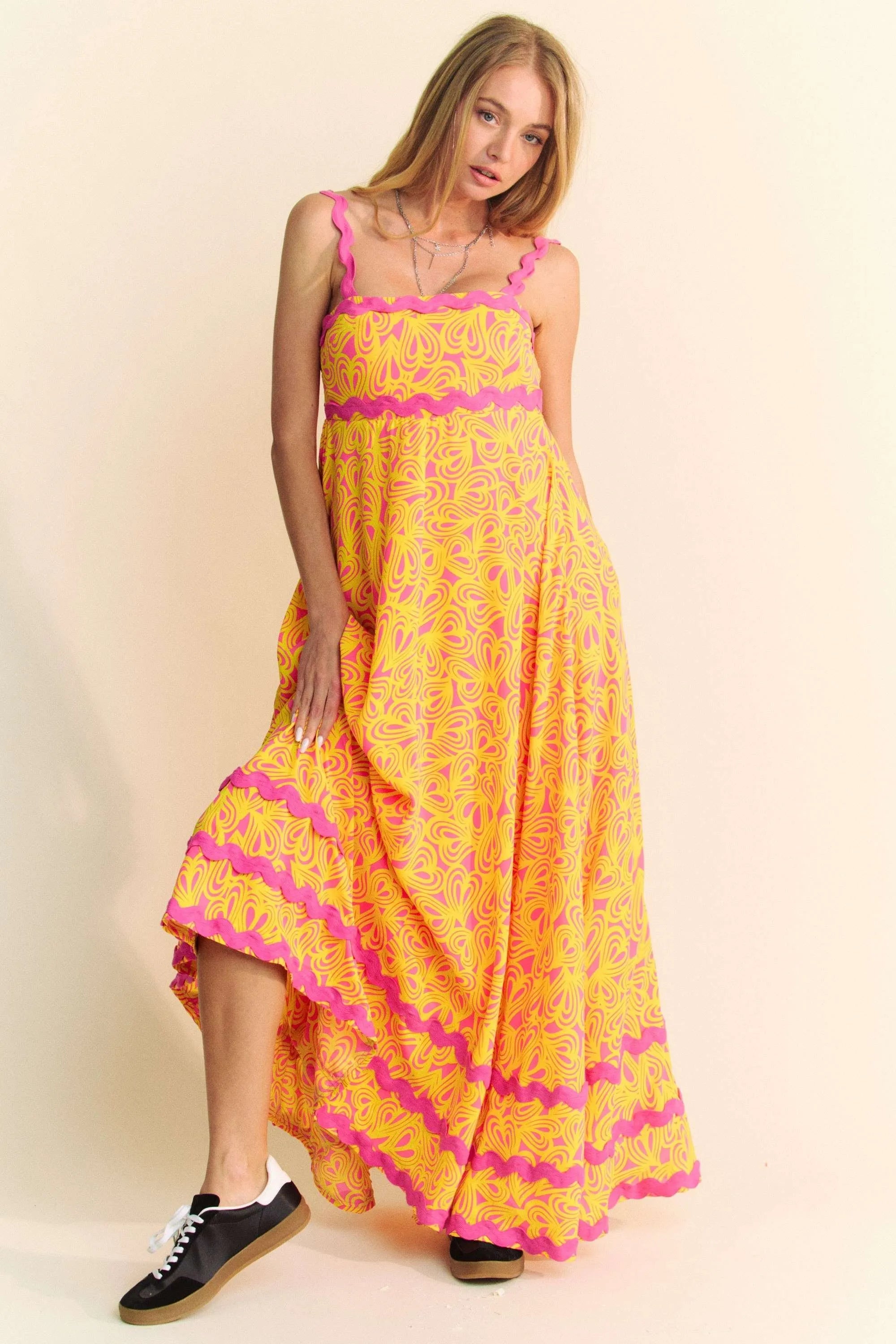 Davi & Dani Geo 2 Tone Printed Wavi Trim Tiered Maxi Dress - NeoKira Unlimited