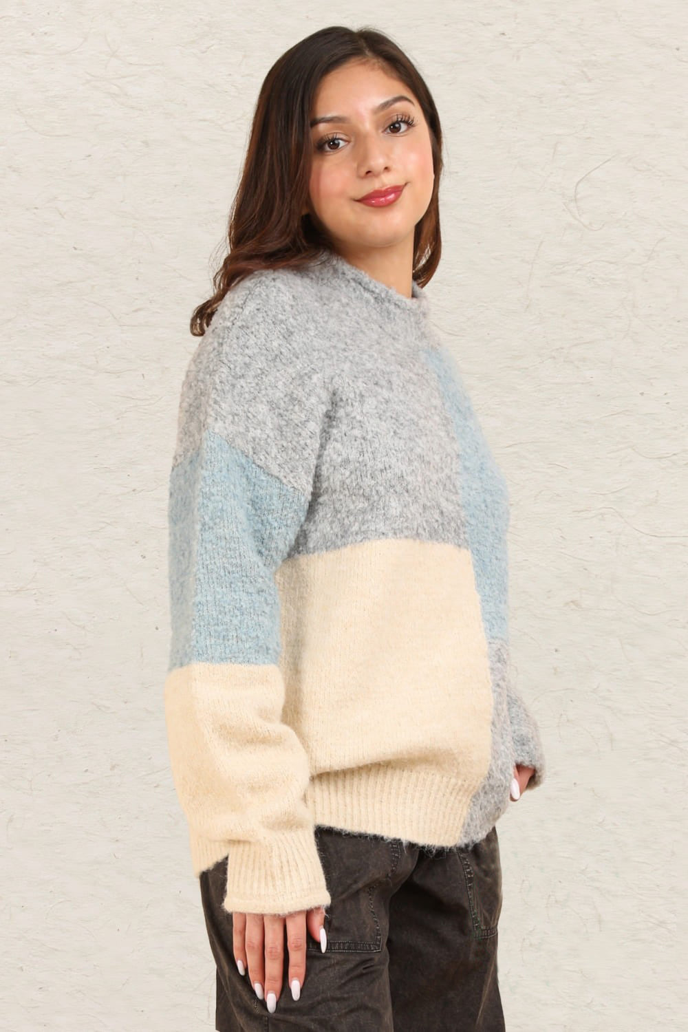 VERY J Color Block Mock Neck Drop Shoulder Sweater - NeoKira Unlimited