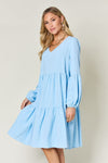 Double Take Full Size V-Neck Balloon Sleeve Tiered Dress Mini Dress Trendsi   