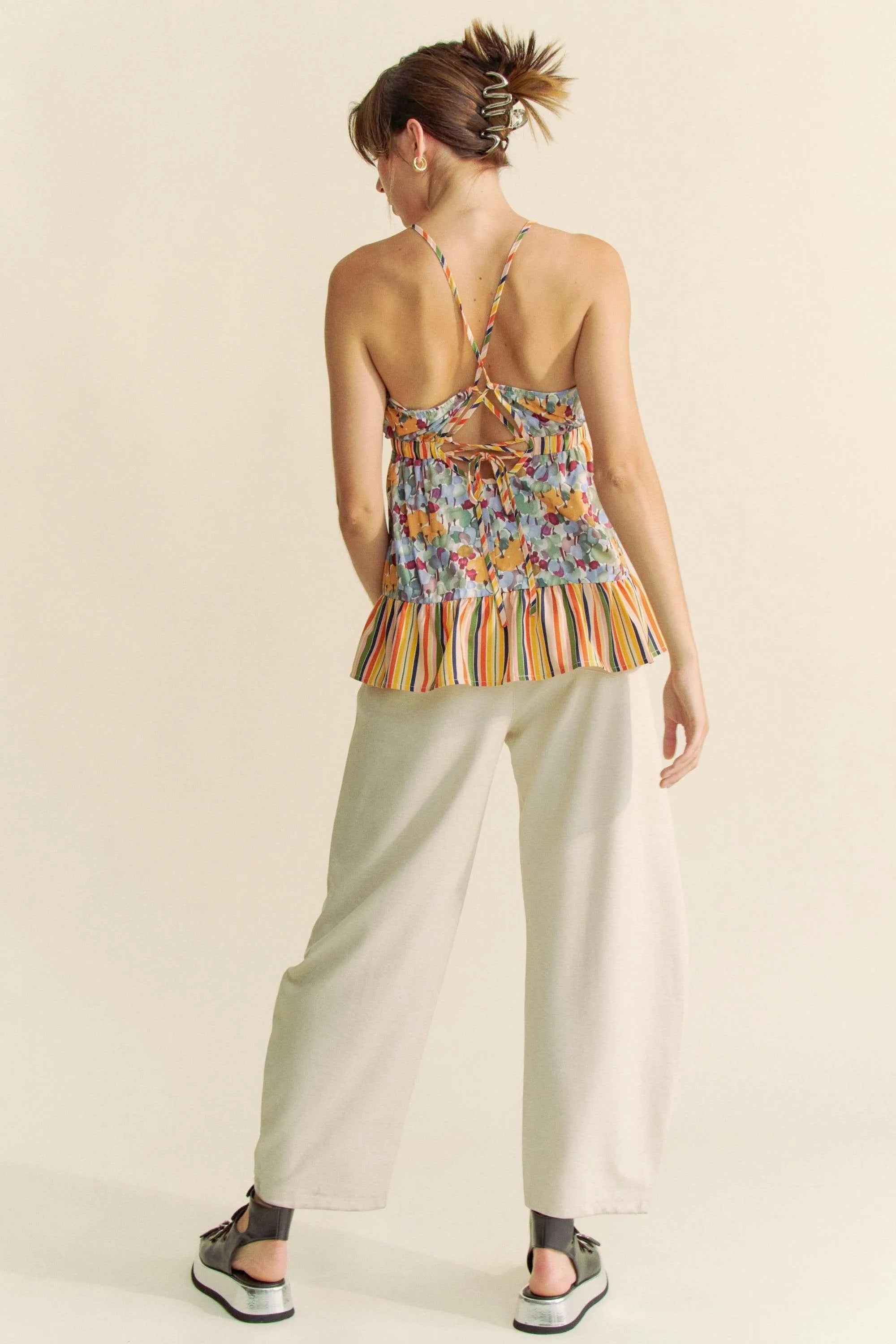 Davi & Dani Floral Smocked Sleeveless Ruffle Back Tie Top - NeoKira Unlimited