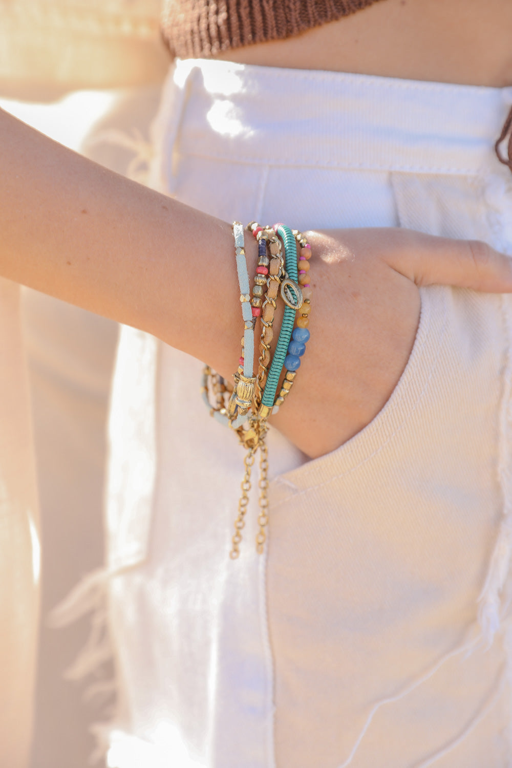 Beaded Gold Stacked Bracelet Bracelets Leto Collection Teal  