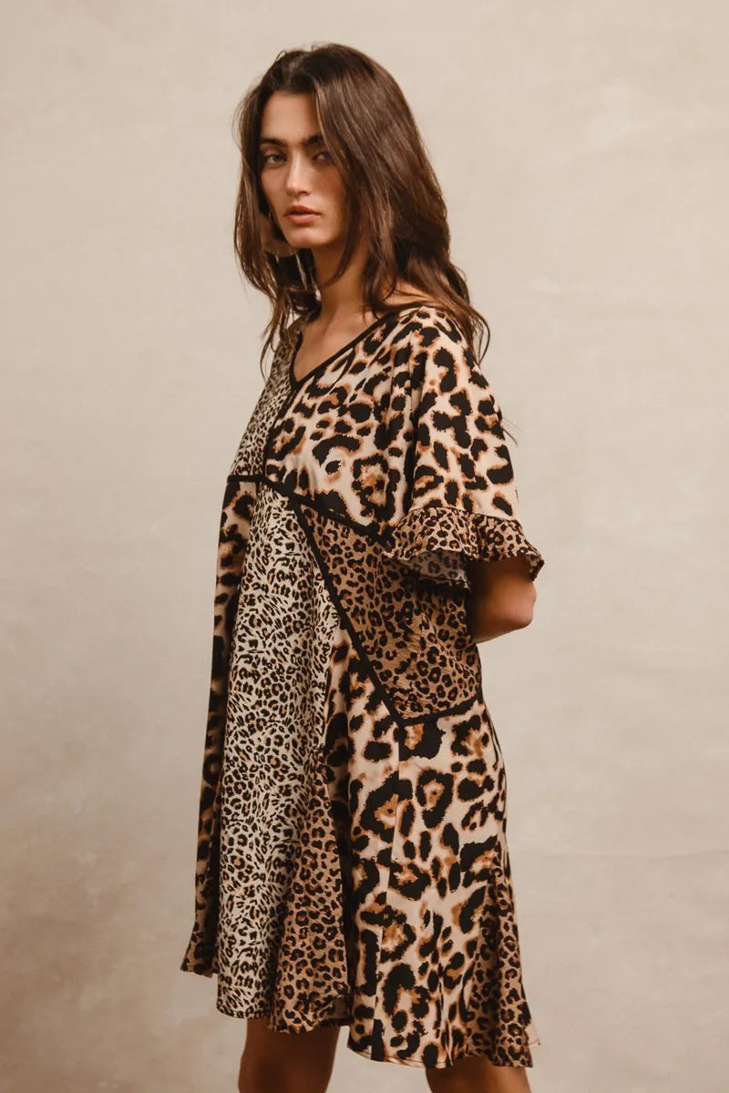 BiBi Leopard Print Mini Dress – V-Neck Flutter Sleeve Belted Fit - NeoKira Unlimited