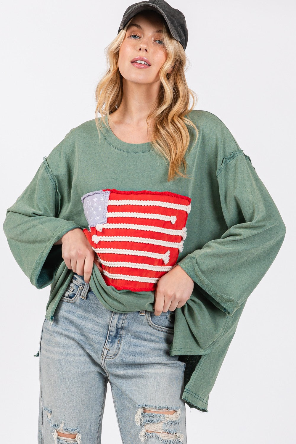 SAGE + FIG Full Size American Flag Patch Drop Shoulder T-Shirt T-Shirt Trendsi   