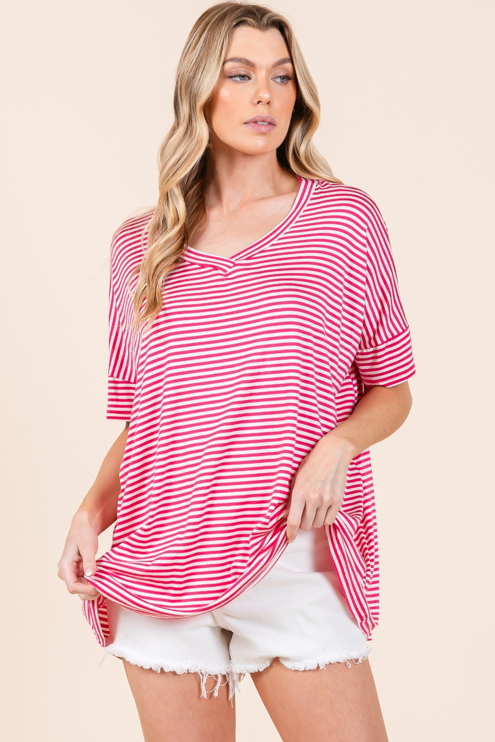 BOMBOM Striped V-Neck T-Shirt T-Shirt Trendsi   