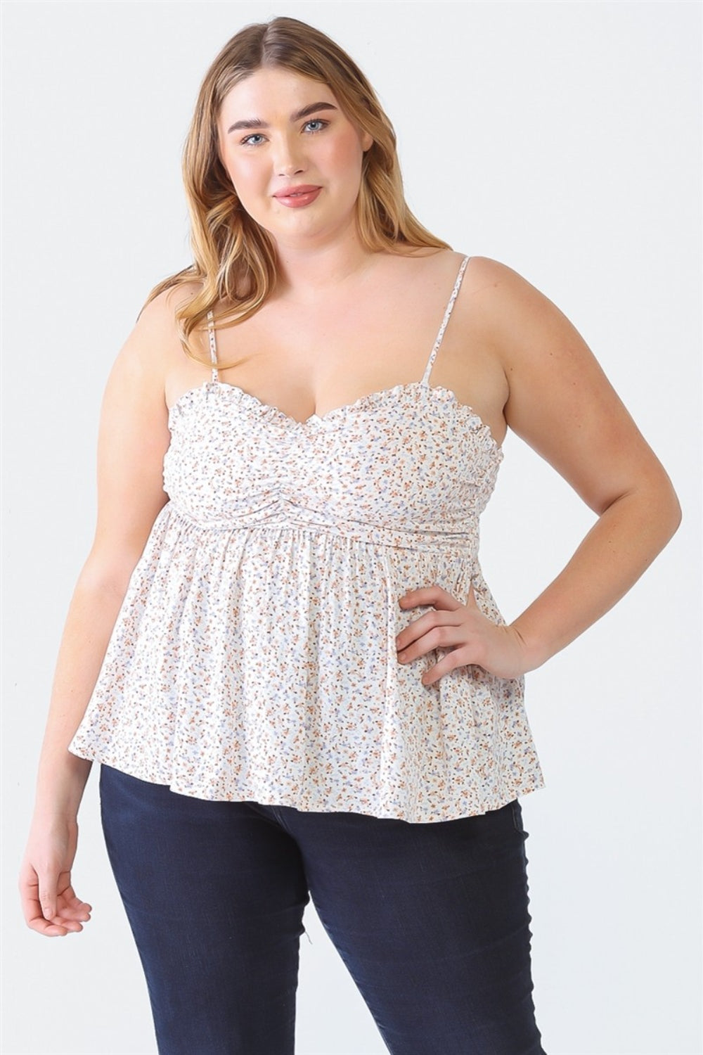 Zenobia Plus Size Frill Smocked Floral Sweetheart Neck Cami Top Trendsi Off-White 1XL 