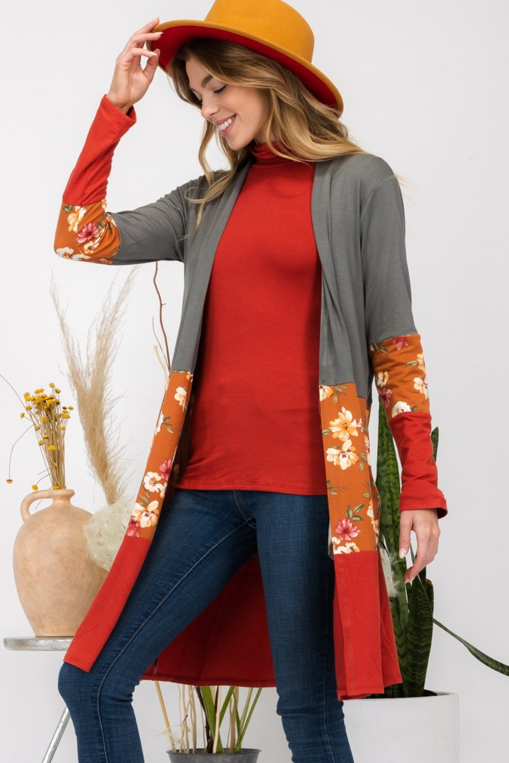 Celeste Full Size Floral Color Block Open Front Cardigan Cardigan Trendsi   