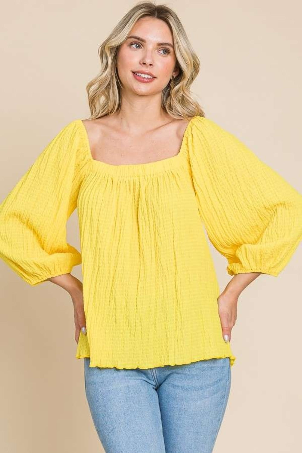 Culture Code Texture Square Neck Puff Sleeve Top - NeoKira Unlimited