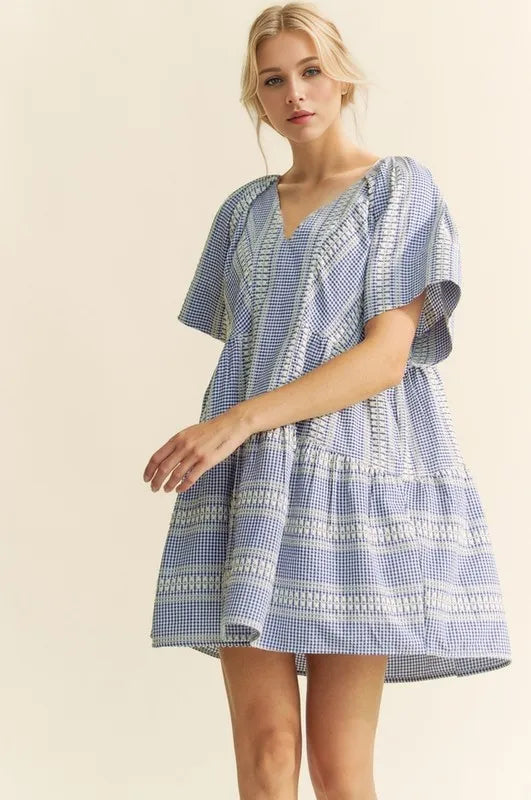 Davi & Dani Embroidered Stripe Ruffled Gingham Mini Dress - NeoKira Unlimited