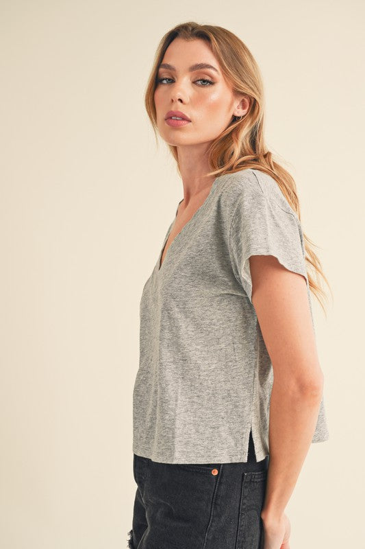 Aemi + Co Side Slit V-Neck Short Sleeve Cropped T-Shirt - NeoKira Unlimited