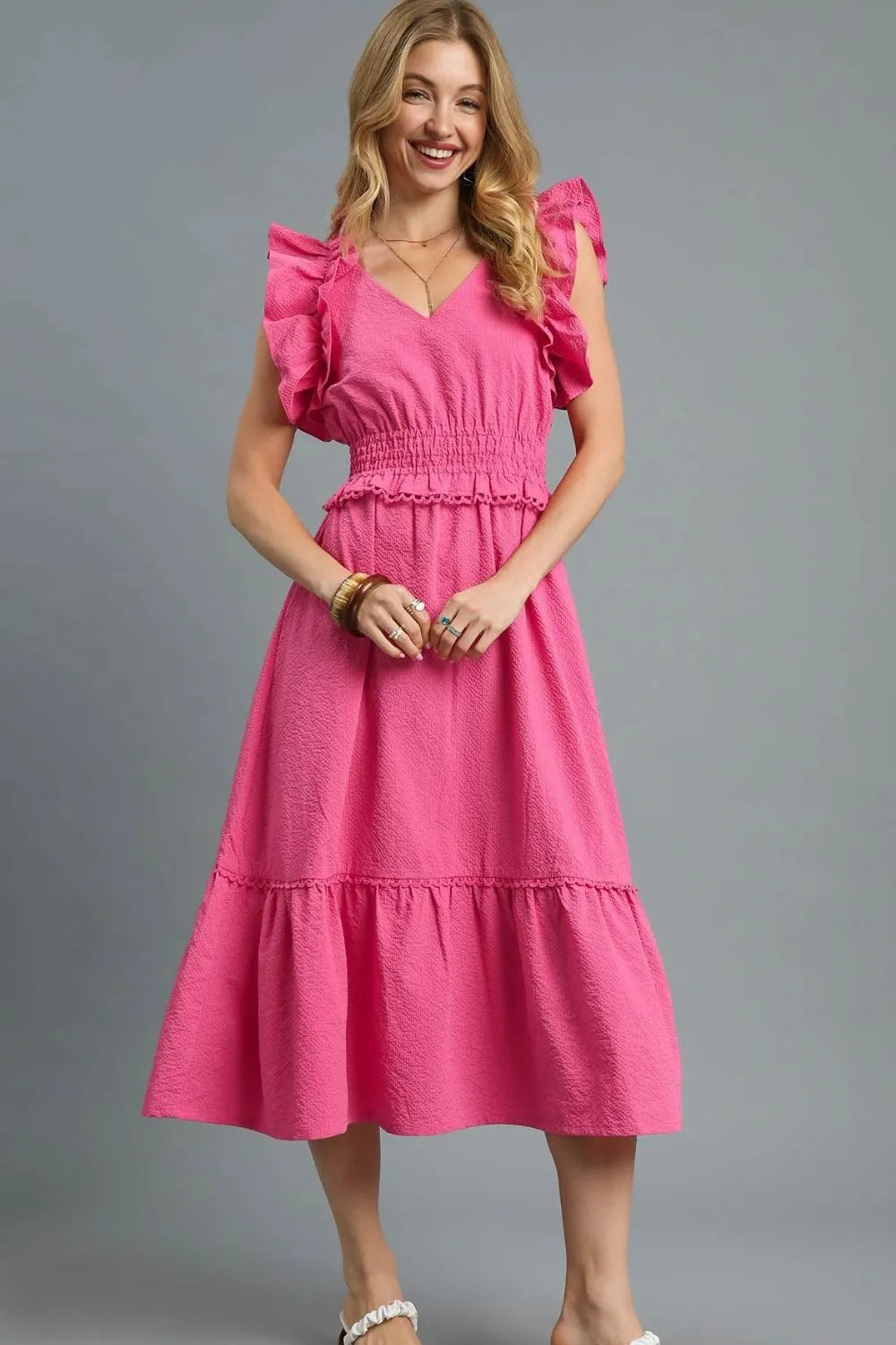 Umgee Boho Chic Pink Ruffle Smocked Midi Dress With Tiered Hem - NeoKira Unlimited