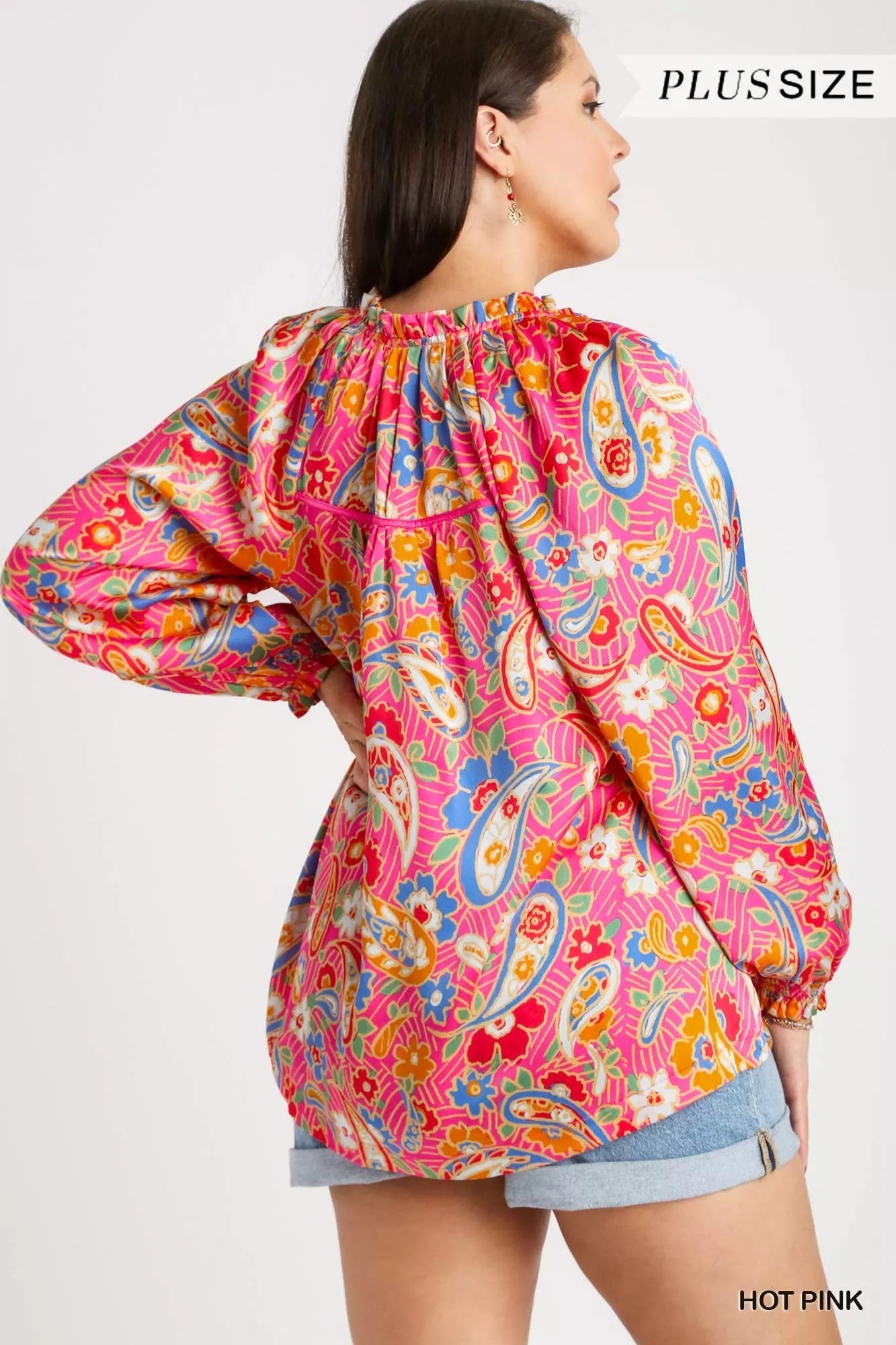 Umgee Boho Luxe Plus Size Satin Paisley Ruffle Neck Button Up Shirt - NeoKira Unlimited