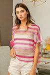 BiBi Striped Openwork Short Sleeve Knit Cover Up Cover Up Trendsi   