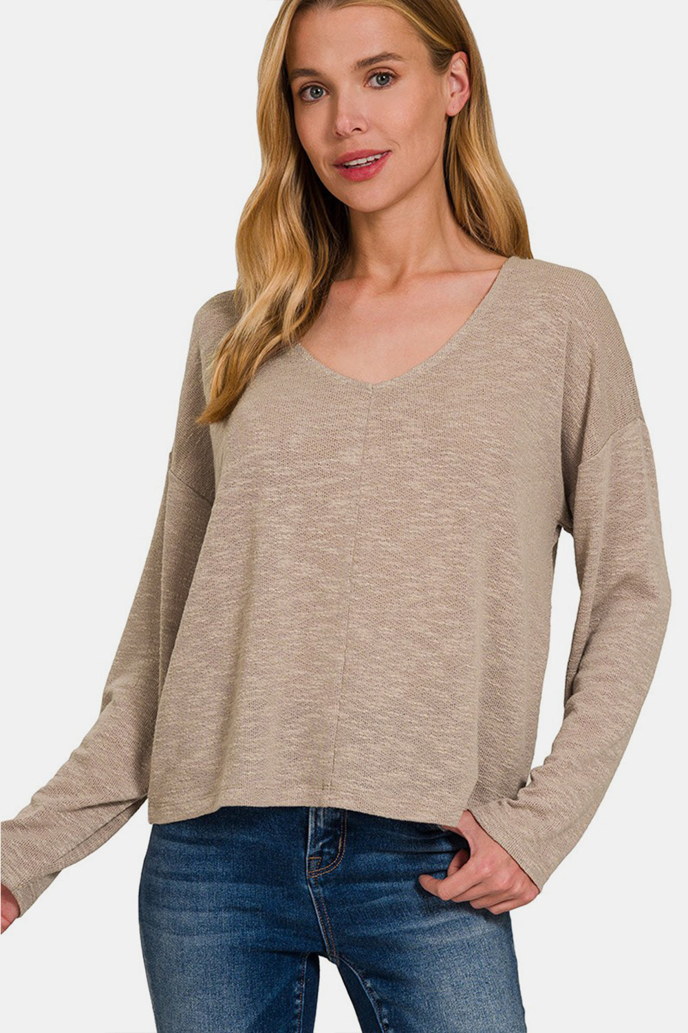 Zenana Dropped Shoulder Long Sleeve T-Shirt Top Trendsi Lt Mocha S 