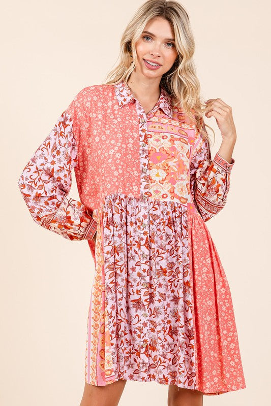 Mittoshop Floral Button Detail Long Sleeve Shirt Dress - NeoKira Unlimited